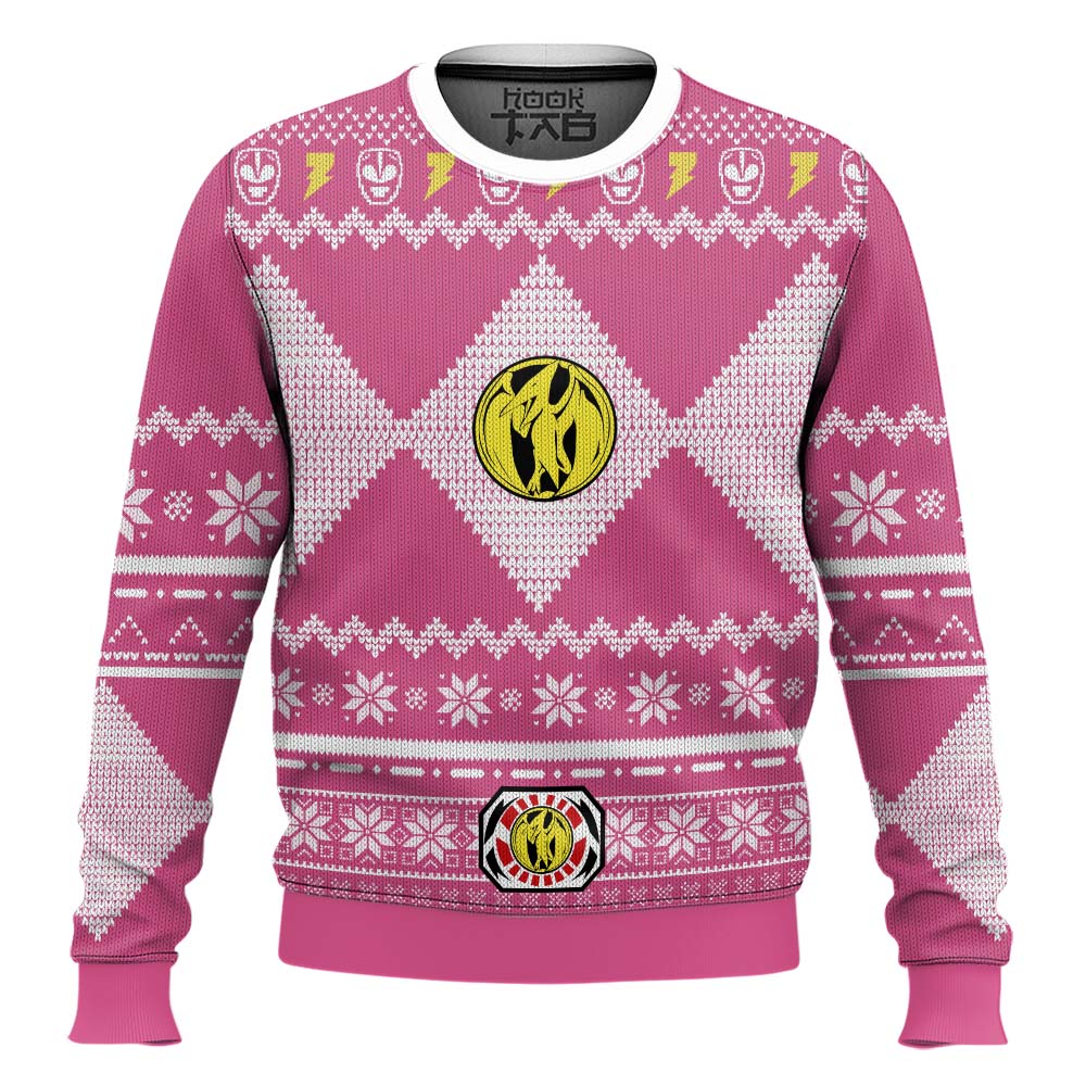 Hooktab Pink Ranger Mighty Morphin Power Ranger Ugly Christmas Sweater Hooktab Pink Ranger Mighty Morphin Power Ranger Ugly Christmas Sweater