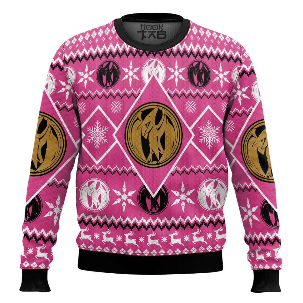 Hooktab Pink Ranger Mighty Morphin Ugly Christmas Sweater Hooktab Pink Ranger Mighty Morphin Ugly Christmas Sweater