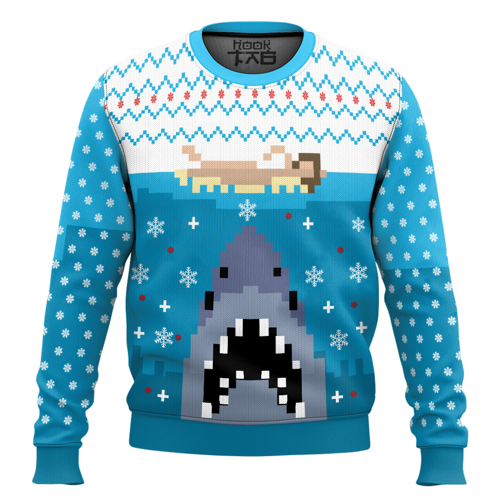 Hooktab Pixel Jaws 1975 Ugly Christmas Sweater Hooktab Pixel Jaws 1975 Ugly Christmas Sweater