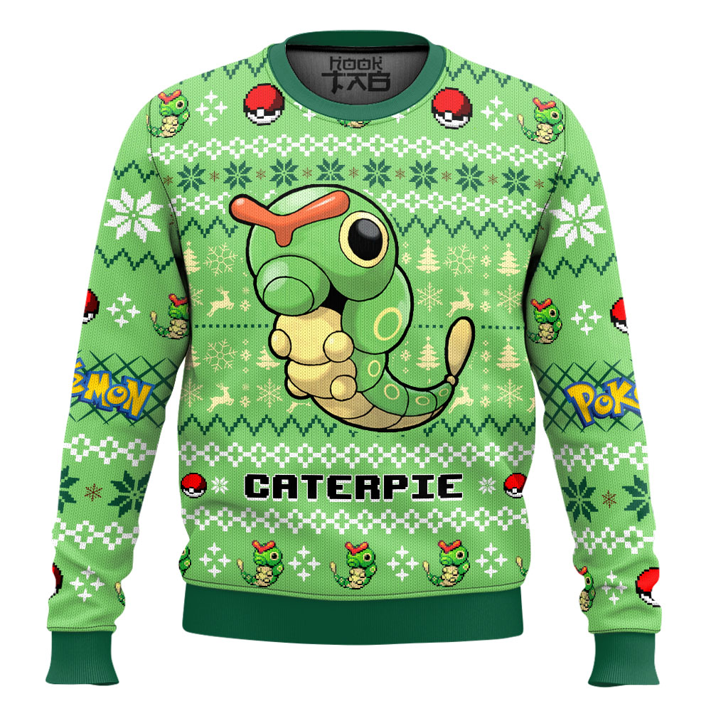 Hooktab Pokemon Gen 1 Caterpie Ugly Christmas Sweater Hooktab Pokemon Gen 1 Caterpie Ugly Christmas Sweater