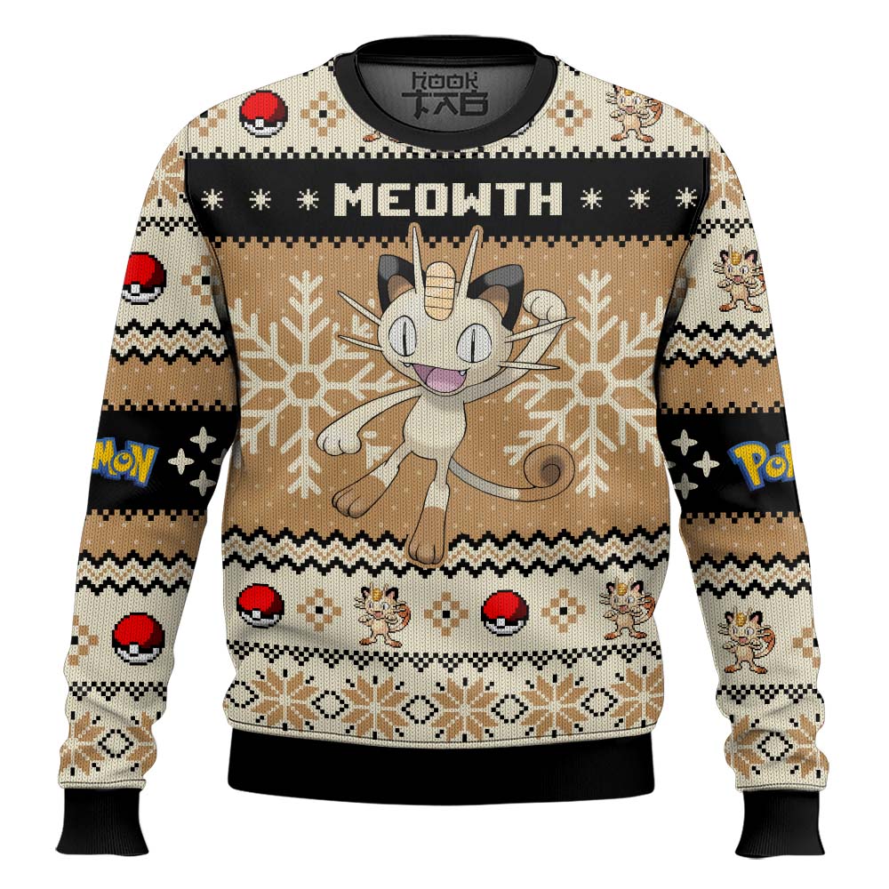 Hooktab Pokemon Gen 1 Meowth Ugly Christmas Sweater Hooktab Pokemon Gen 1 Meowth Ugly Christmas Sweater