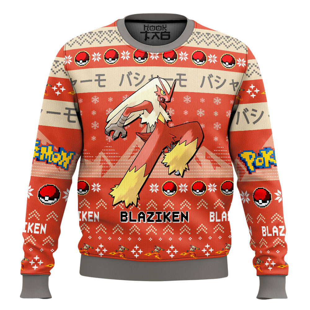 Hooktab Pokemon Gen 3 Blaziken Ugly Christmas Sweater Hooktab Pokemon Gen 3 Blaziken Ugly Christmas Sweater