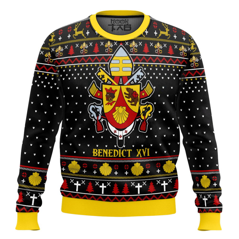 Hooktab Pope Benedict XVI Coat Of Arms Ugly Christmas Sweater Hooktab Pope Benedict XVI Coat Of Arms Ugly Christmas Sweater