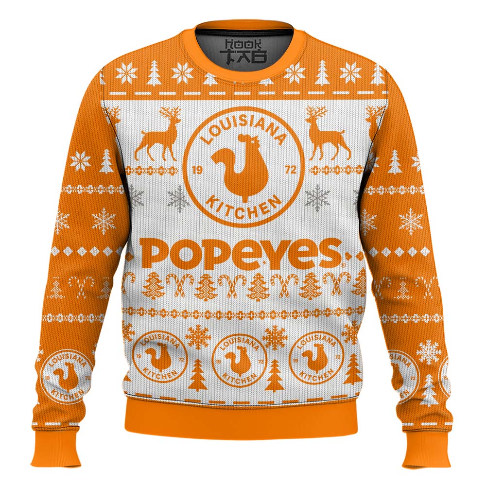 Hooktab Popeyes Louisiana Kitchen Ugly Christmas Sweater Hooktab Popeyes Louisiana Kitchen Ugly Christmas Sweater