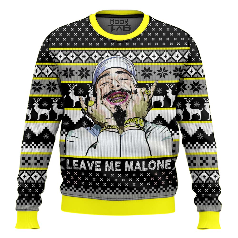 Hooktab Post Malone Leave Me Malone Ugly Christmas Sweater Hooktab Post Malone Leave Me Malone Ugly Christmas Sweater