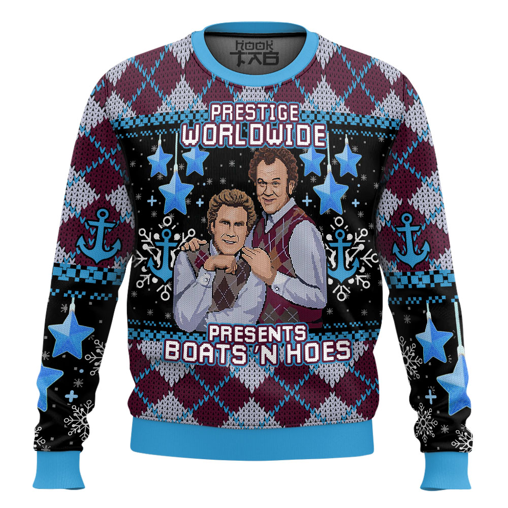 Hooktab Prestige Worldwide Boats 'N Hoes Step Brothers Ugly Christmas Sweater Hooktab Prestige Worldwide Boats 'N Hoes Step Brothers Ugly Christmas Sweater