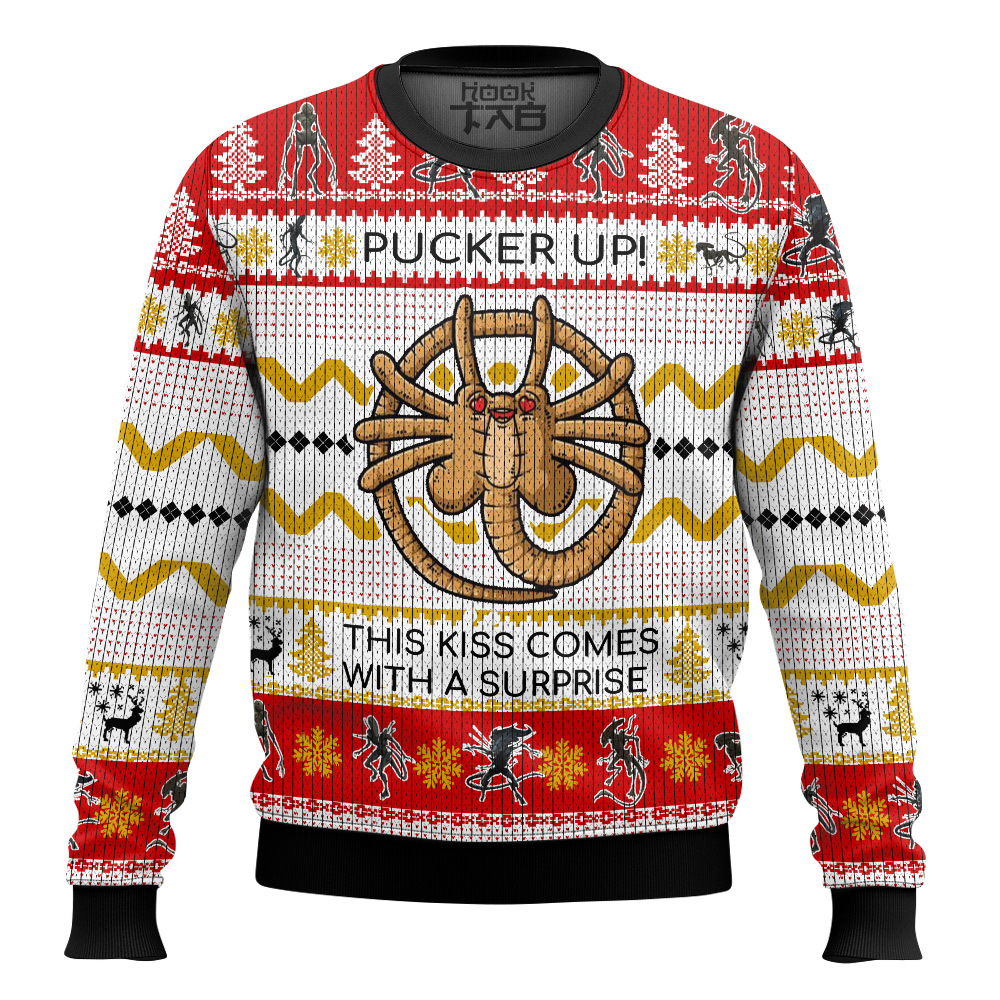 Hooktab Pucker Up Facehugger Alien Ugly Christmas Sweater Hooktab Pucker Up Facehugger Alien Ugly Christmas Sweater