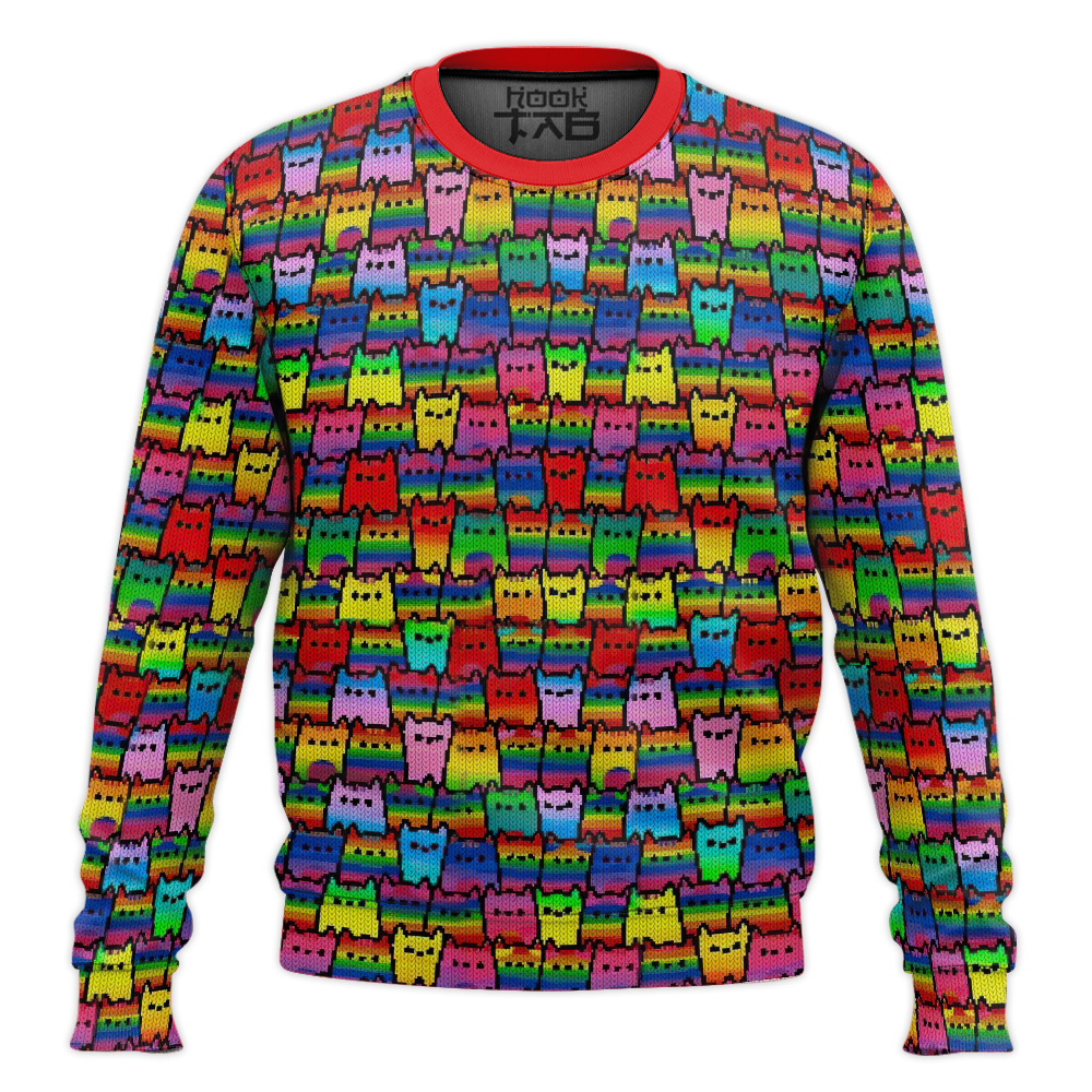 Hooktab Rainbow Flag Cat LGBT Support Ugly Christmas Sweater Hooktab Rainbow Flag Cat LGBT Support Ugly Christmas Sweater