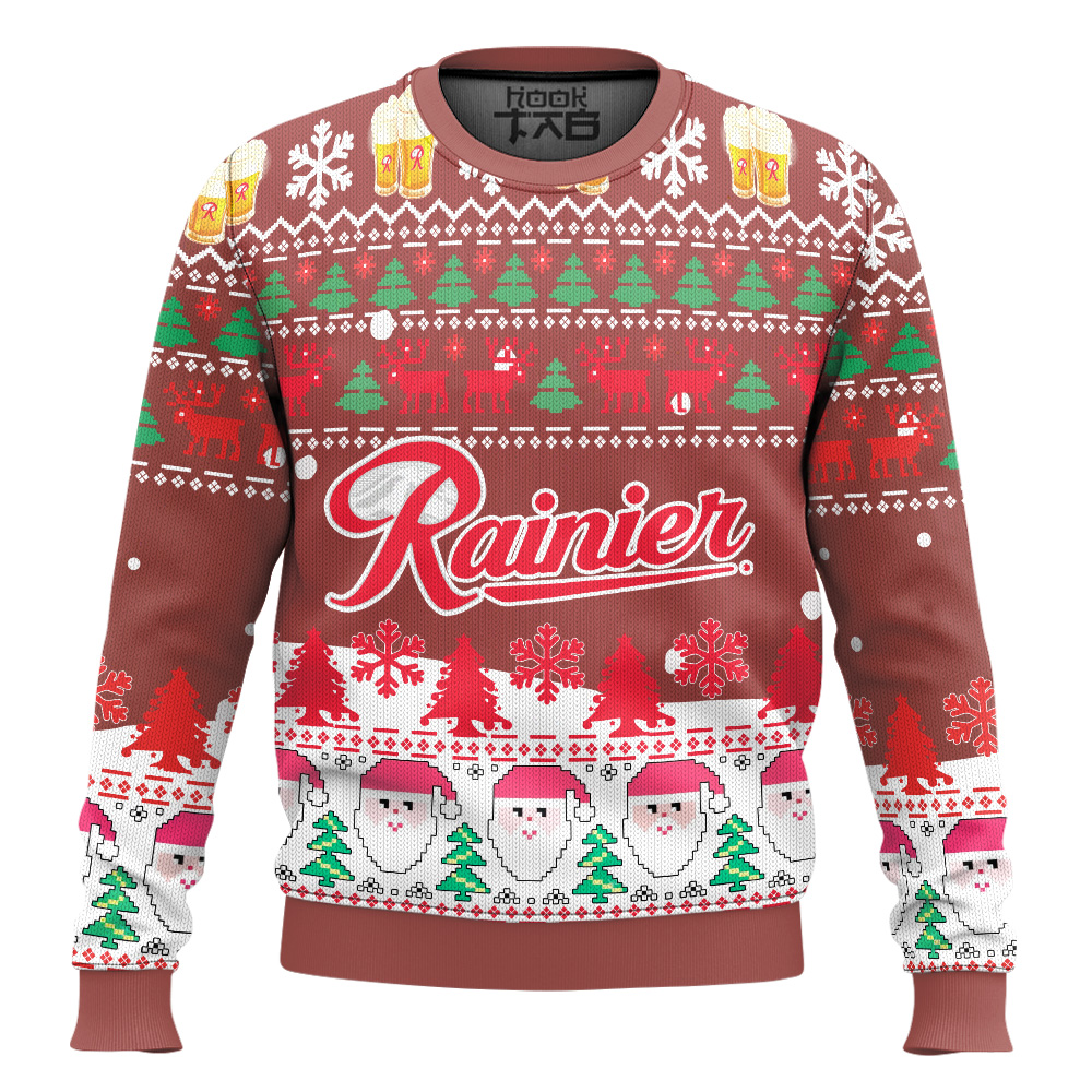 Hooktab Rainier Beer Santa Claus Ugly Christmas Sweater Hooktab Rainier Beer Santa Claus Ugly Christmas Sweater