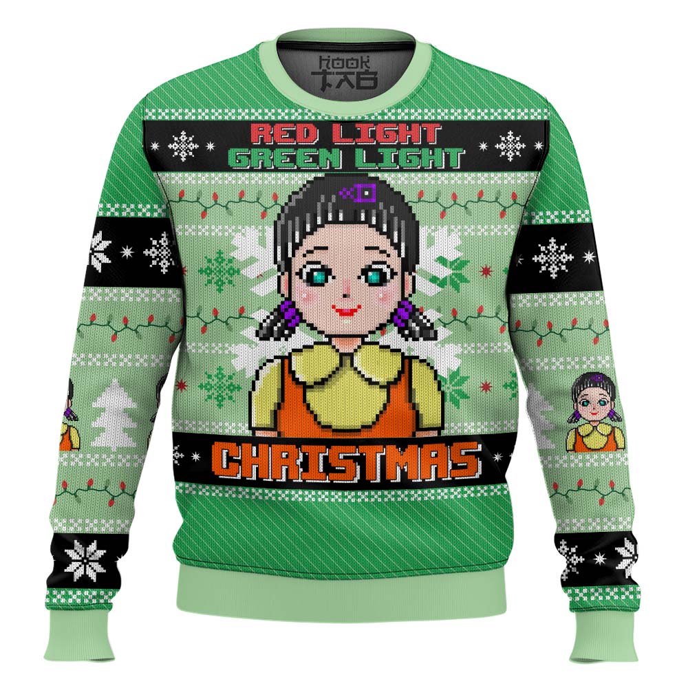 Hooktab Red & Green Light Squid Game Ugly Christmas Sweater Hooktab Red & Green Light Squid Game Ugly Christmas Sweater