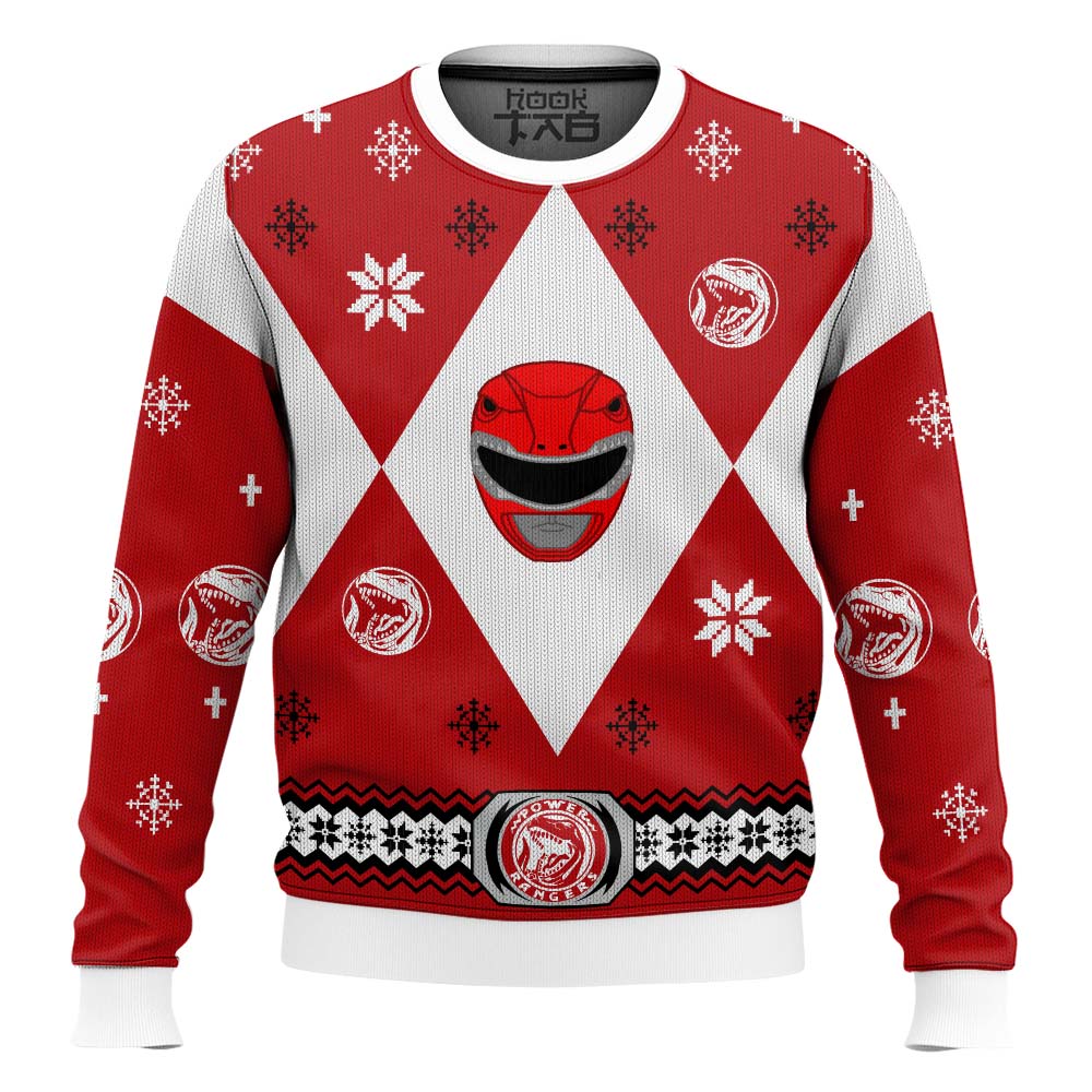Hooktab Red Power Rangers Ugly Christmas Sweater Hooktab Red Power Rangers Ugly Christmas Sweater
