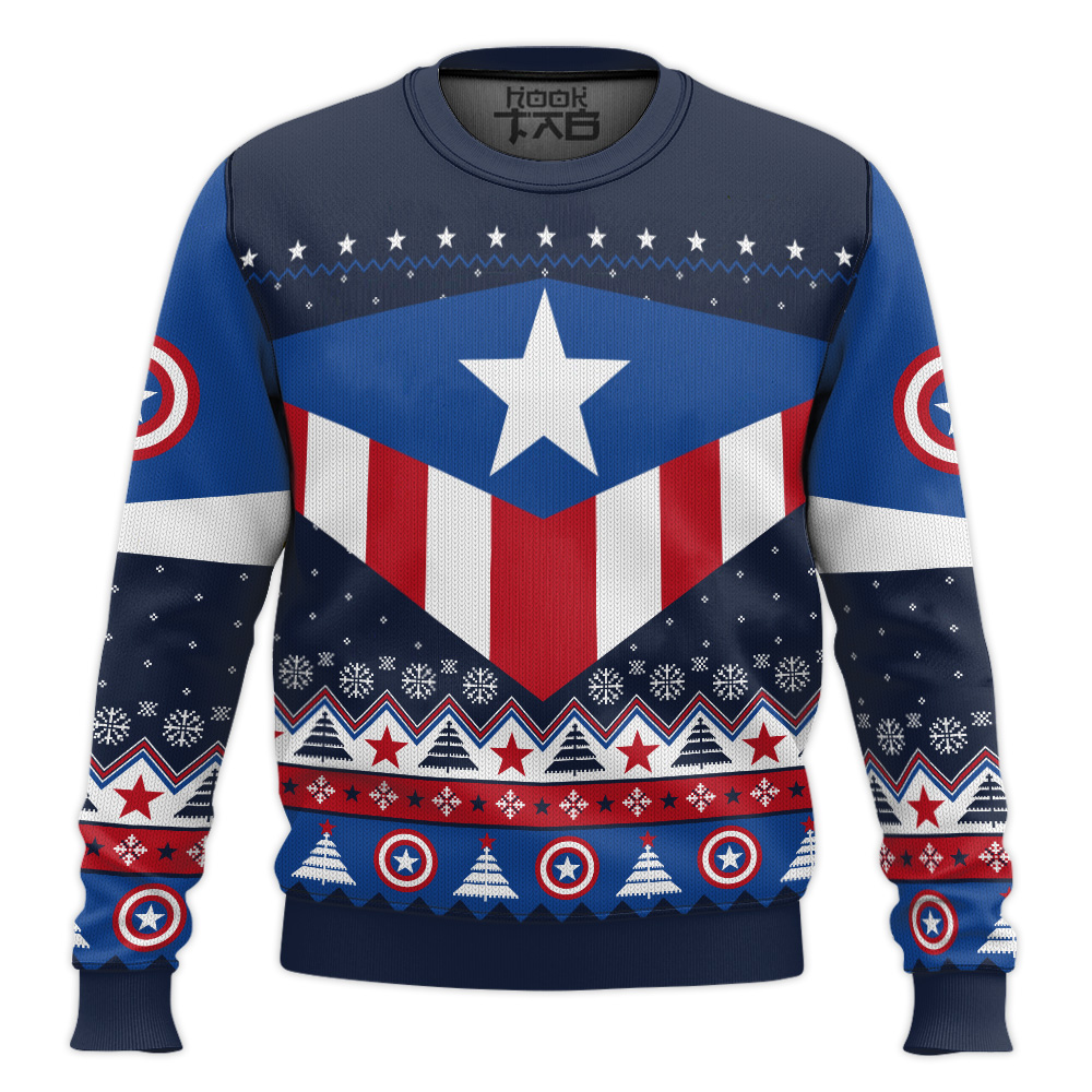 Hooktab Red White And Blue Captain America Ugly Christmas Sweater Hooktab Red White And Blue Captain America Ugly Christmas Sweater
