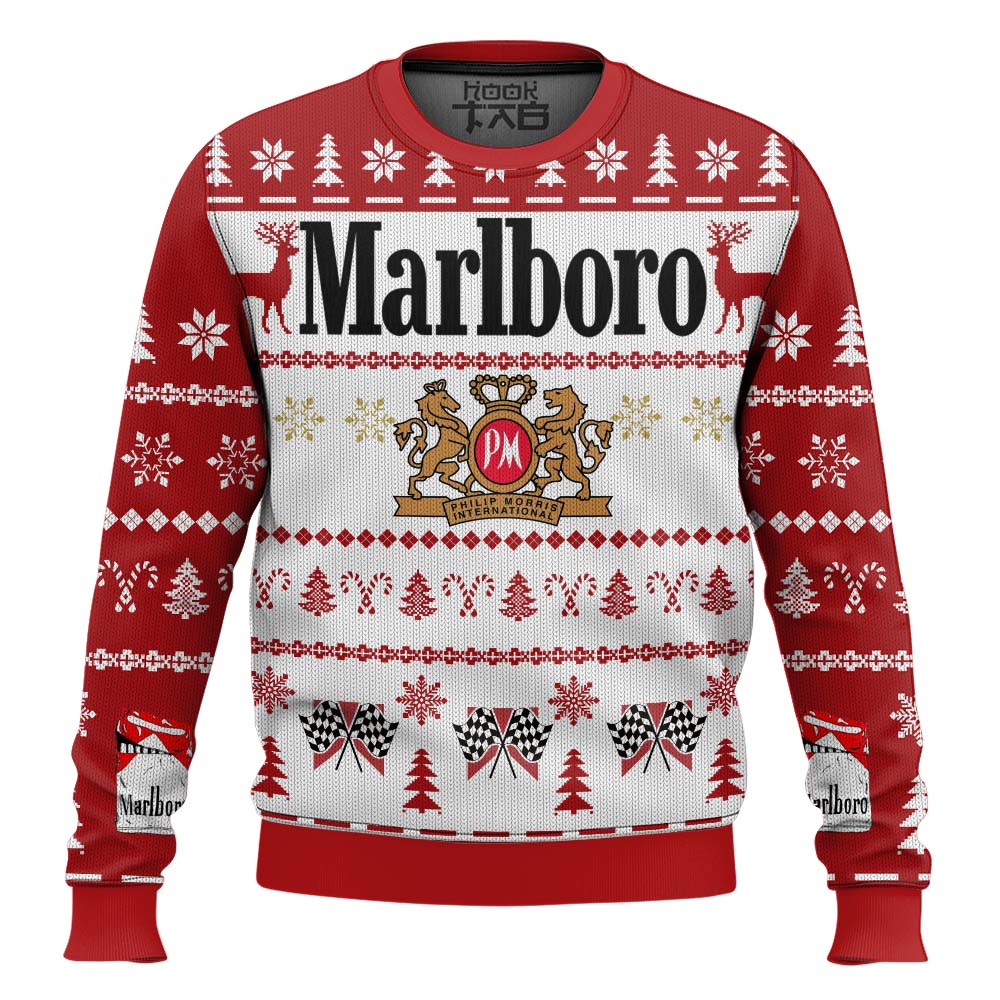 Hooktab Reindeer Racing Marlboro Ugly Christmas Sweater Hooktab Reindeer Racing Marlboro Ugly Christmas Sweater