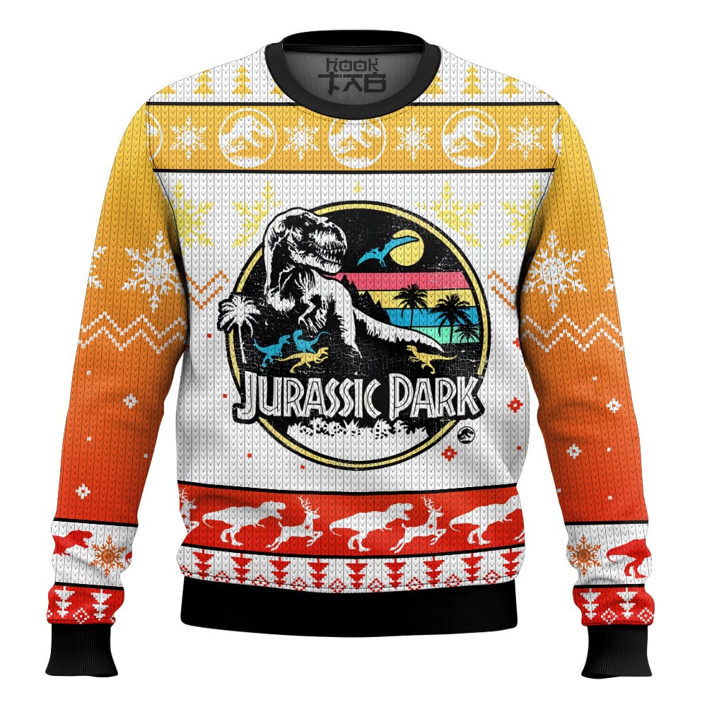 Hooktab Retro T-rex Jurassic Park Ugly Christmas Sweater Hooktab Retro T-rex Jurassic Park Ugly Christmas Sweater