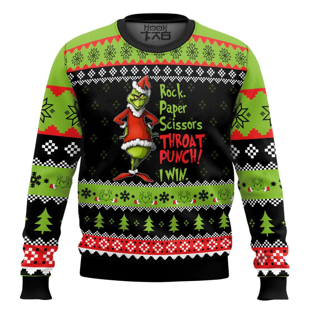 Hooktab Rock Paper Scissors I Win Grinch Ugly Christmas Sweater Hooktab Rock Paper Scissors I Win Grinch Ugly Christmas Sweater