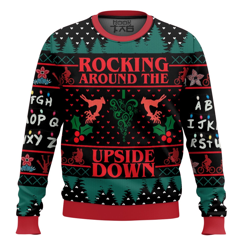 Hooktab Rocking Around The Upside Down Stranger Things Ugly Christmas Sweater Hooktab Rocking Around The Upside Down Stranger Things Ugly Christmas Sweater