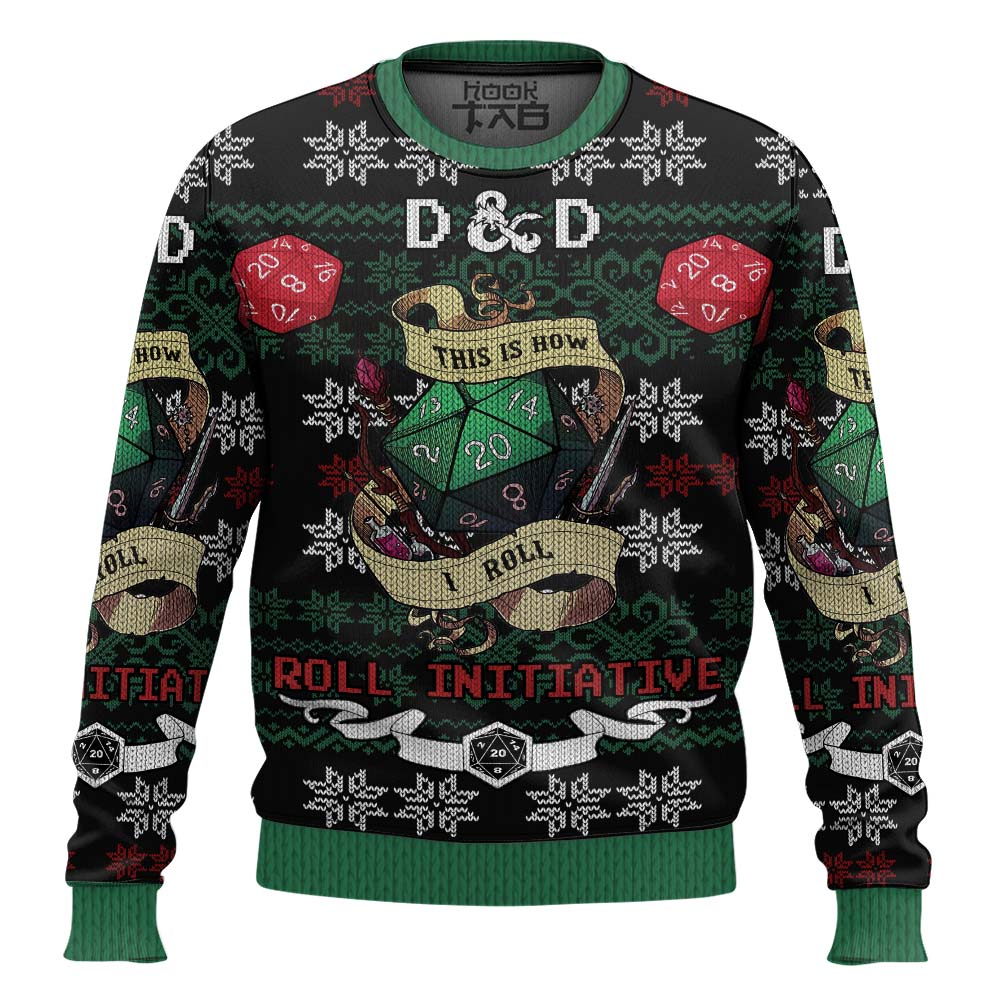 Hooktab Roll Initiative Dungeons & Dragons Ugly Christmas Sweater Hooktab Roll Initiative Dungeons & Dragons Ugly Christmas Sweater