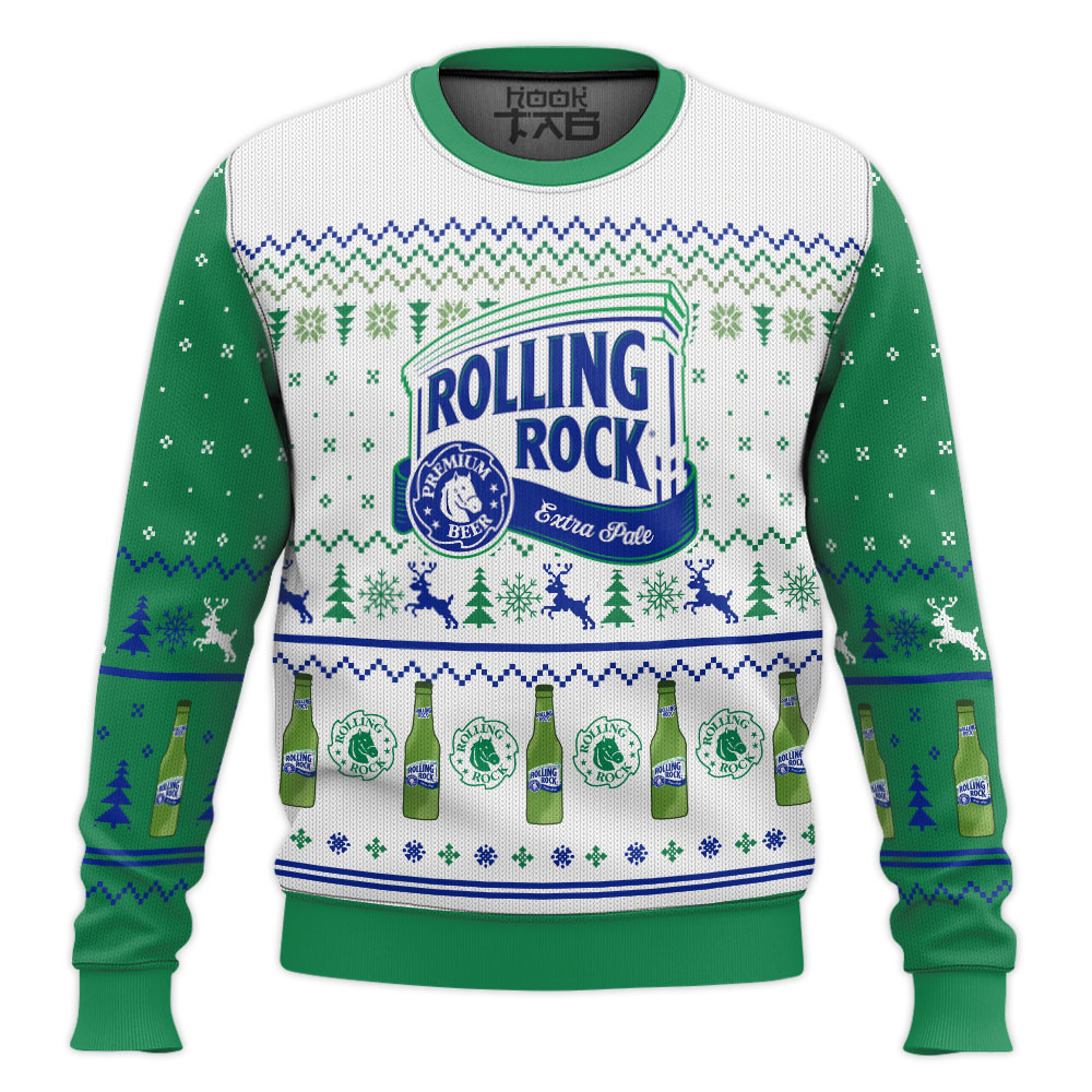 Hooktab Rolling Rock Beer Ugly Christmas Sweater Hooktab Rolling Rock Beer Ugly Christmas Sweater