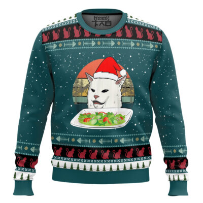 Sad Cat On Table Woman Yelling At Cat Meme Ugly Christmas Sweater