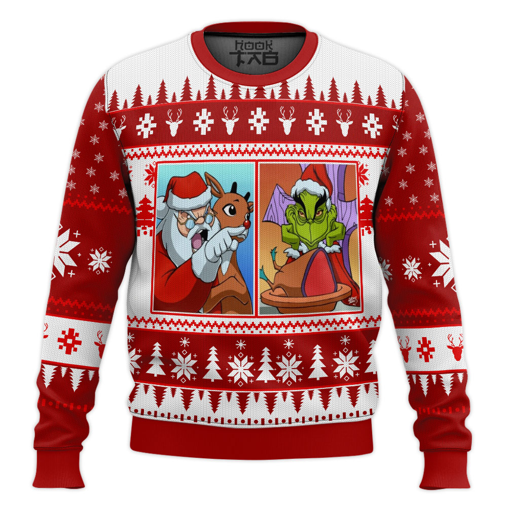 Hooktab Santa Claus & The Grinch Woman Yelling At A Cat Meme Ugly Christmas Sweater Hooktab Santa Claus & The Grinch Woman Yelling At A Cat Meme Ugly Christmas Sweater