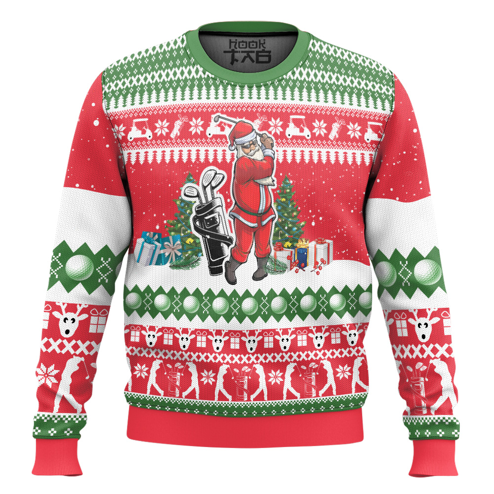 Hooktab Santa Golf Swing Ugly Christmas Sweater Hooktab Santa Golf Swing Ugly Christmas Sweater