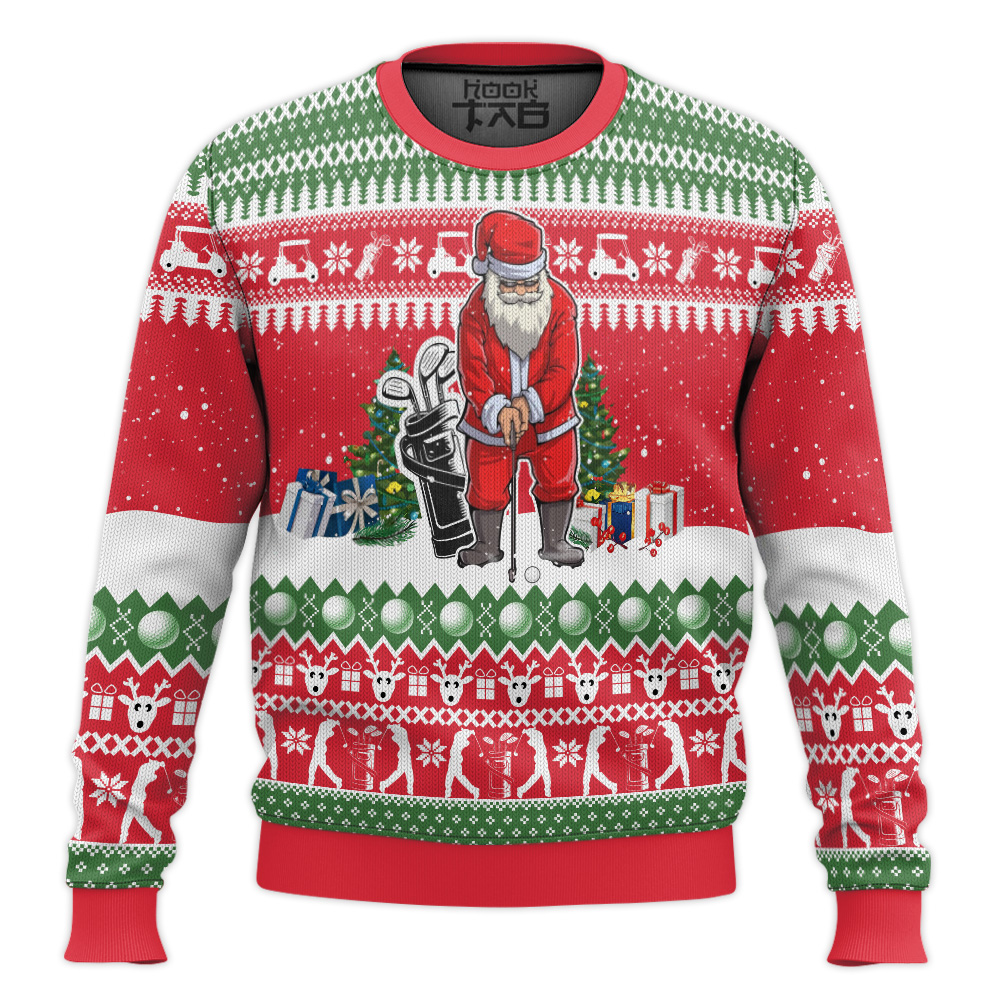 Hooktab Santa Playing Golf Ugly Christmas Sweater Hooktab Santa Playing Golf Ugly Christmas Sweater