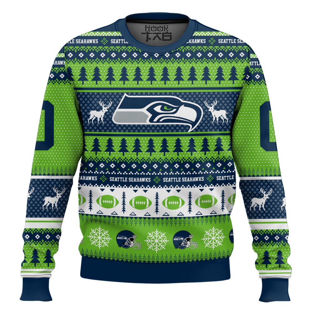 Hooktab Seattle Seahawks - Custom Name And Number Ugly Sweater Hooktab Seattle Seahawks - Custom Name And Number Ugly Sweater