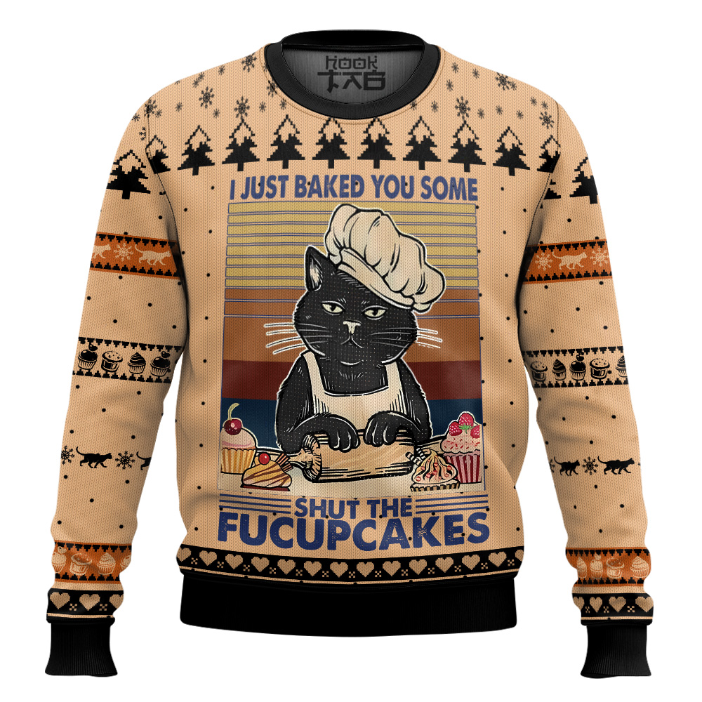 Hooktab Shut The Fucupcakes Black Cat Ugly Christmas Sweater Hooktab Shut The Fucupcakes Black Cat Ugly Christmas Sweater