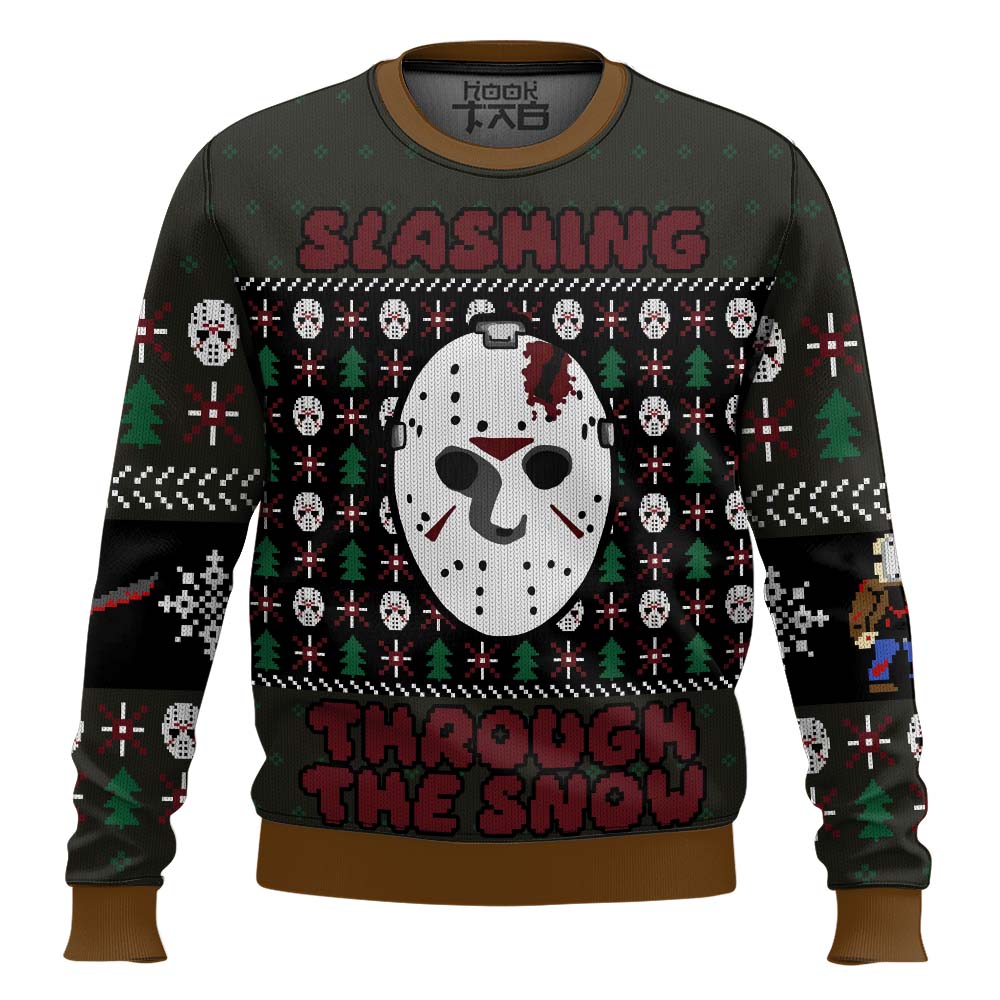 Hooktab Slashing Through The Snow Friday The 13th Ugly Christmas Sweater Hooktab Slashing Through The Snow Friday The 13th Ugly Christmas Sweater