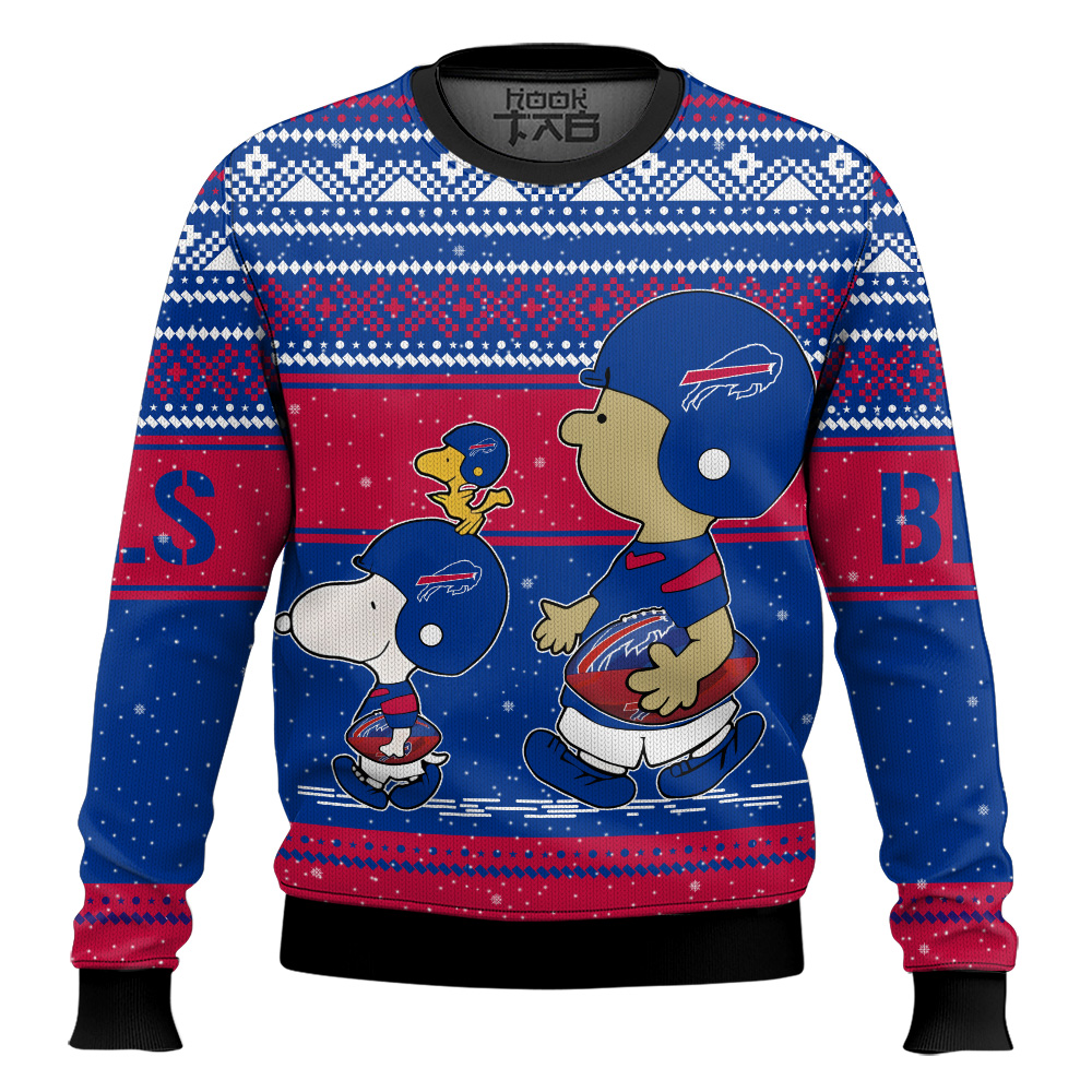 Hooktab Snoopy And Charlie Brown Buffalo Bills Ugly Sweater Hooktab Snoopy And Charlie Brown Buffalo Bills Ugly Sweater