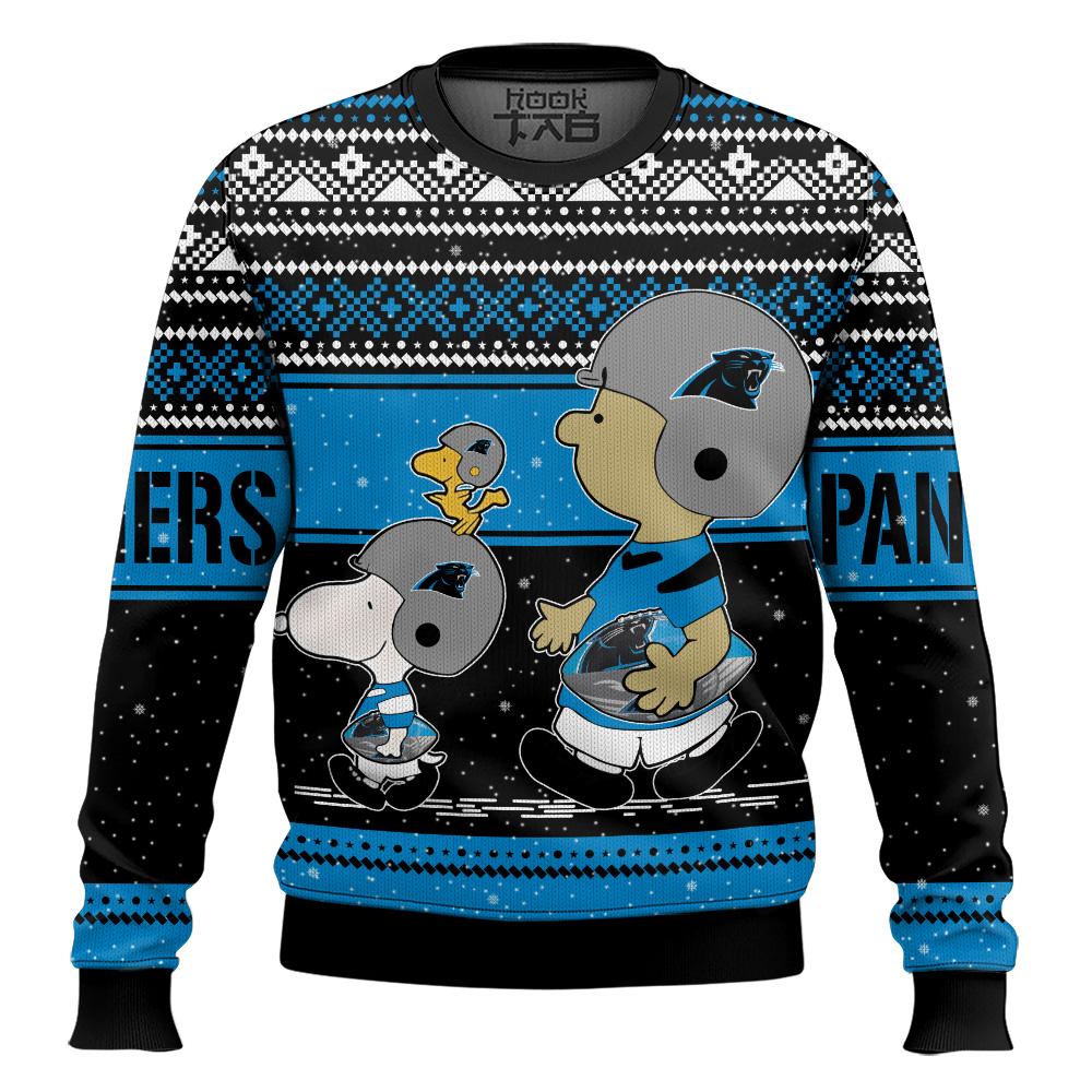 Hooktab Snoopy And Charlie Brown Carolina Panthers Ugly Sweater Hooktab Snoopy And Charlie Brown Carolina Panthers Ugly Sweater