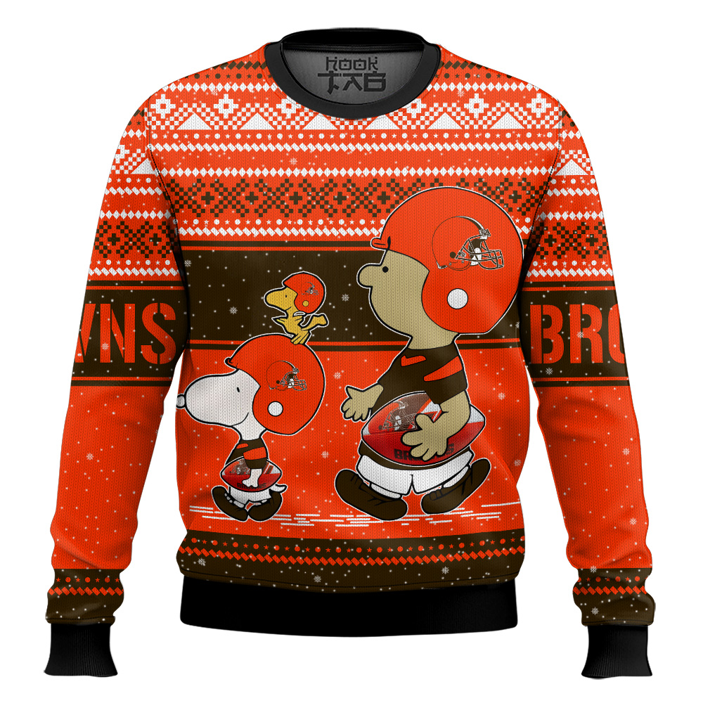 Hooktab Snoopy And Charlie Brown Cleveland Browns Ugly Sweater Hooktab Snoopy And Charlie Brown Cleveland Browns Ugly Sweater