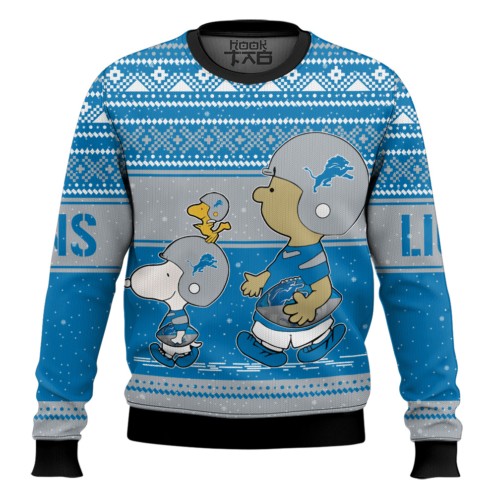 Hooktab Snoopy And Charlie Brown Detroit Lions Ugly Sweater Hooktab Snoopy And Charlie Brown Detroit Lions Ugly Sweater