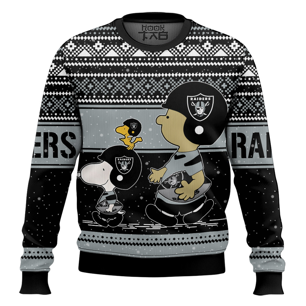 Hooktab Snoopy And Charlie Brown Las Vegas Raiders Ugly Sweater Hooktab Snoopy And Charlie Brown Las Vegas Raiders Ugly Sweater