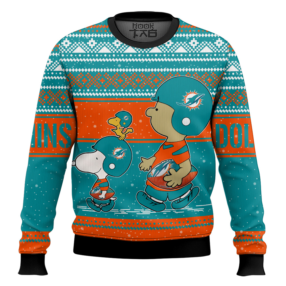 Hooktab Snoopy And Charlie Brown Miami Dolphins Ugly Sweater Hooktab Snoopy And Charlie Brown Miami Dolphins Ugly Sweater