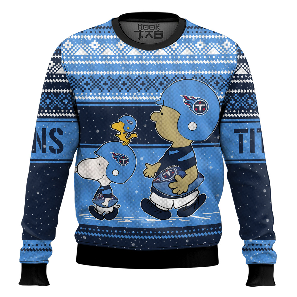 Hooktab Snoopy And Charlie Brown Tennessee Titans Ugly Sweater Hooktab Snoopy And Charlie Brown Tennessee Titans Ugly Sweater