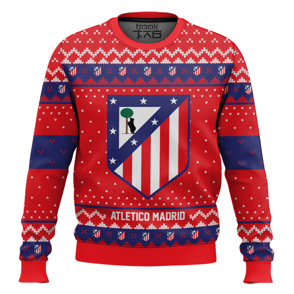 Hooktab Soccer Atlético Madrid Custom Name And Number Ugly Christmas Sweater Hooktab Soccer Atlético Madrid Custom Name And Number Ugly Christmas Sweater