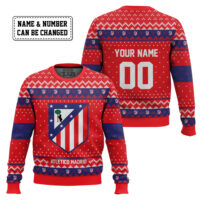 Hooktab Soccer Atlético Madrid Custom Name And Number Ugly Christmas Sweater
