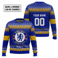 Hooktab Soccer Chelsea F.C. Custom Name And Number Ugly Christmas Sweater