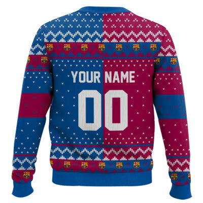 Hooktab Soccer FC Barcelona Custom Name And Number Ugly Christmas Sweater