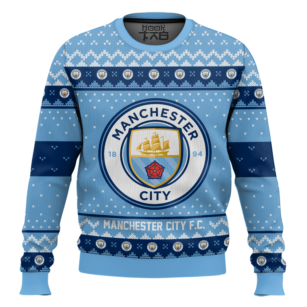 Hooktab Soccer Manchester City F.C. Custom Name And Number Ugly Christmas Sweater Hooktab Soccer Manchester City F.C. Custom Name And Number Ugly Christmas Sweater