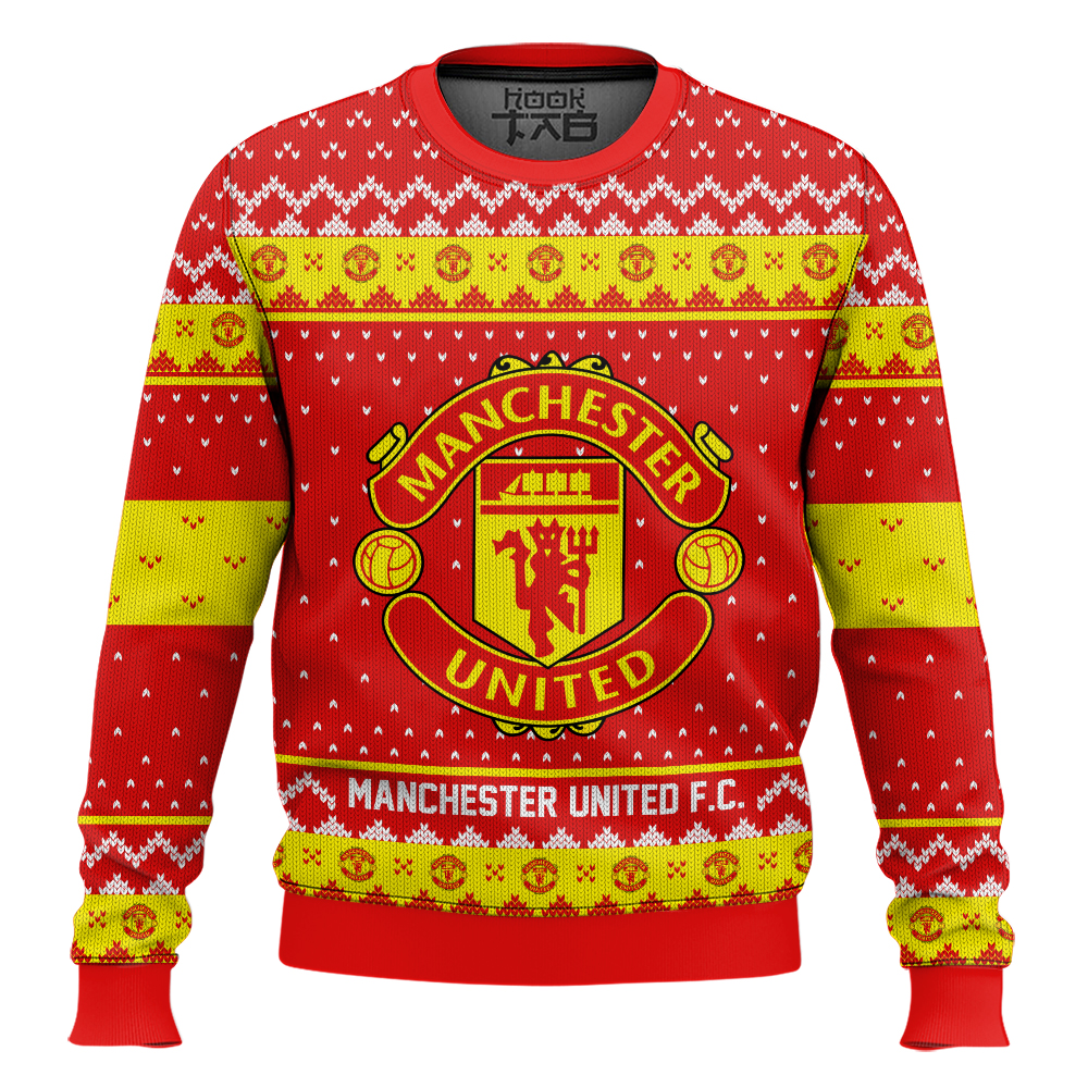 Hooktab Soccer Manchester United F.C. Custom Name And Number Ugly Christmas Sweater Hooktab Soccer Manchester United F.C. Custom Name And Number Ugly Christmas Sweater