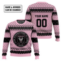 Hooktab Soccer MLS Inter Miami CF Custom Name And Number Ugly Christmas Sweater