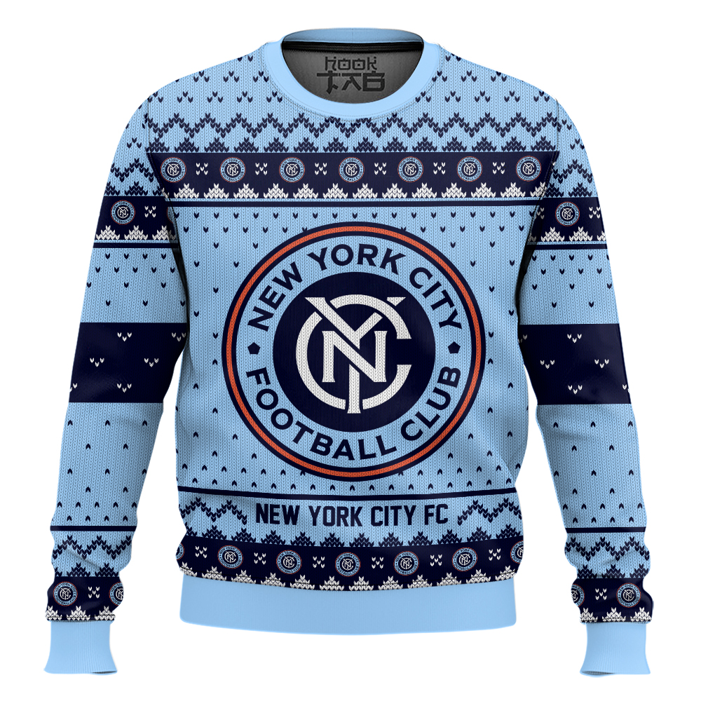 Hooktab Soccer MLS New York City FC Custom Name And Number Ugly Christmas Sweater Hooktab Soccer MLS New York City FC Custom Name And Number Ugly Christmas Sweater