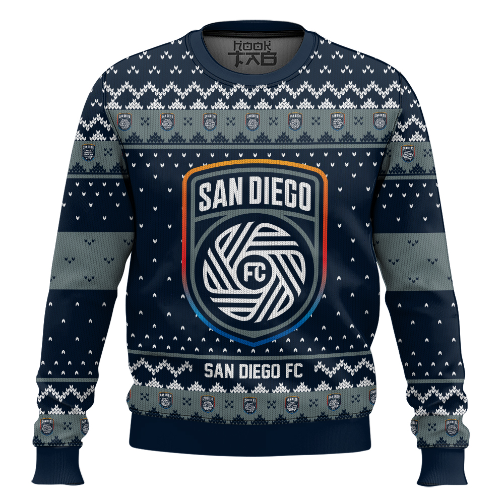 Hooktab Soccer MLS San Diego FC Custom Name And Number Ugly Christmas Sweater Hooktab Soccer MLS San Diego FC Custom Name And Number Ugly Christmas Sweater