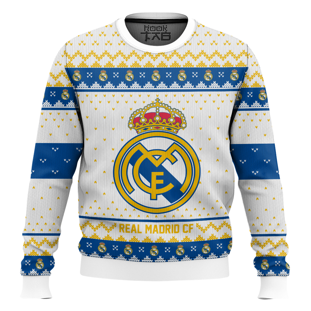 Hooktab Soccer Real Madrid CF Custom Name And Number Ugly Christmas Sweater Hooktab Soccer Real Madrid CF Custom Name And Number Ugly Christmas Sweater