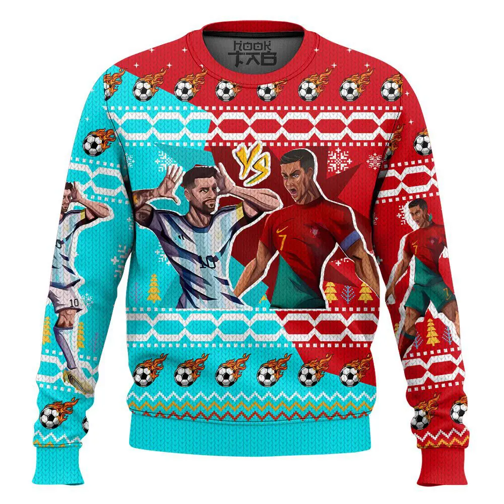 Hooktab Soccer Ronaldo VS Messi Ugly Christmas Sweater Hooktab Soccer Ronaldo VS Messi Ugly Christmas Sweater
