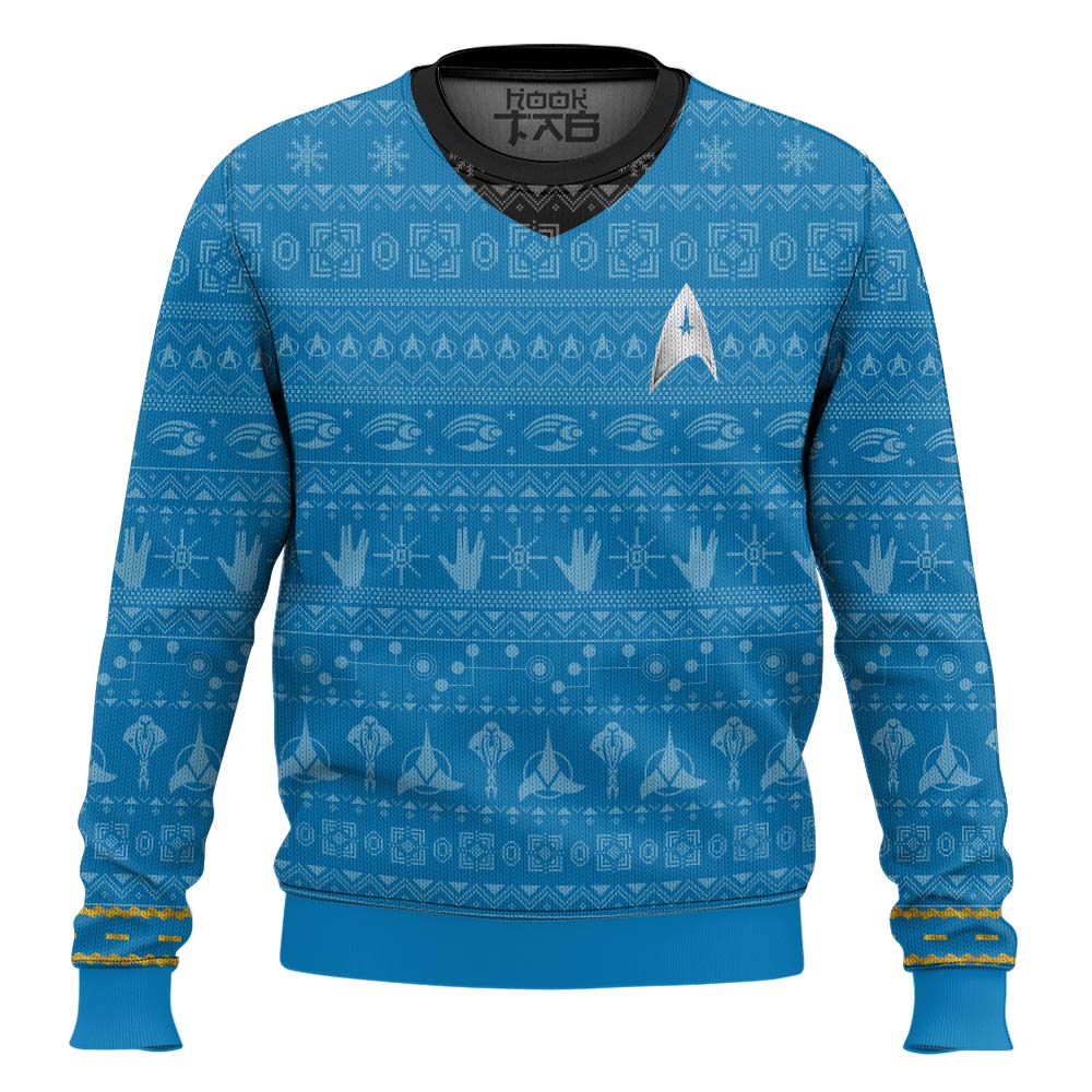 Hooktab Star Trek 1966 - Blue Ugly Christmas Sweater Hooktab Star Trek 1966 - Blue Ugly Christmas Sweater