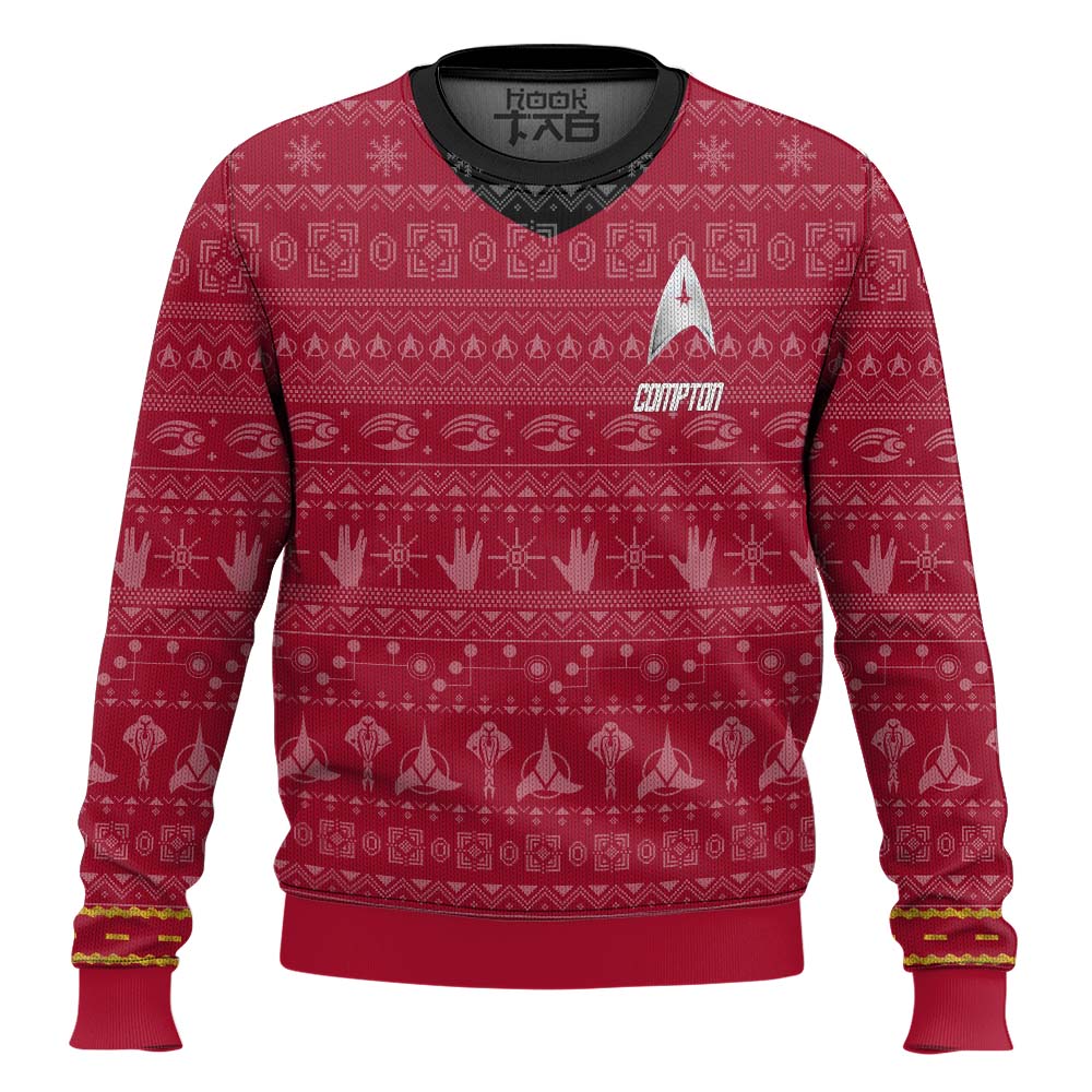 Hooktab Star Trek 1966 Red - Custom Name Ugly Christmas Sweater Hooktab Star Trek 1966 Red - Custom Name Ugly Christmas Sweater