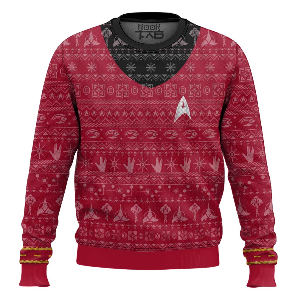 Hooktab Star Trek 1966 Red Ugly Christmas Sweater Hooktab Star Trek 1966 Red Ugly Christmas Sweater